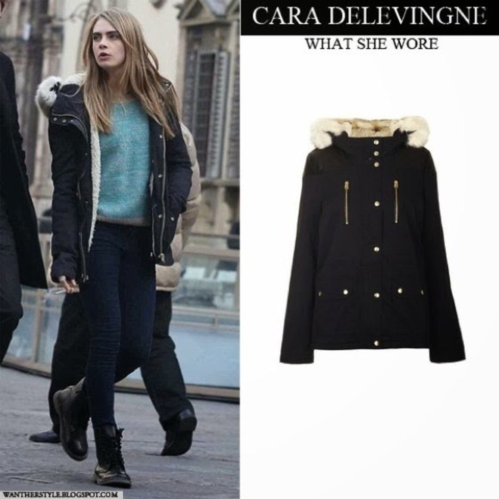 Topshop Trevor Black Faux Fur Hooded Parka Jacket Cara Delevingne US 2 26E23JNAV